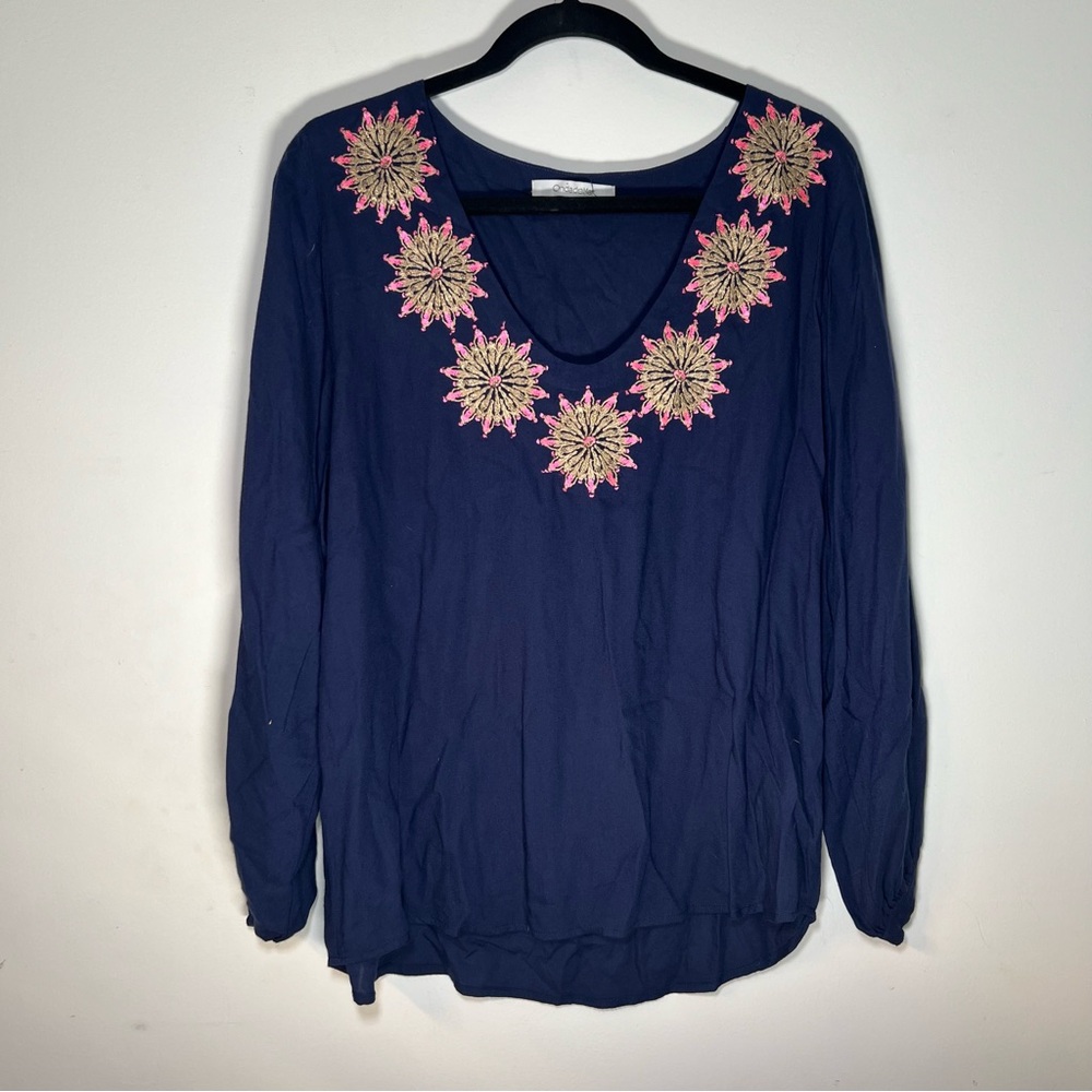 OndadeMar Navy Embroidered V-Neck Blouse Women’s Top Size M